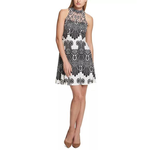 KENSIE Women's Black-White Sleeveless Halter Illusion Lace Embroidered Dress - Picture 11 of 11